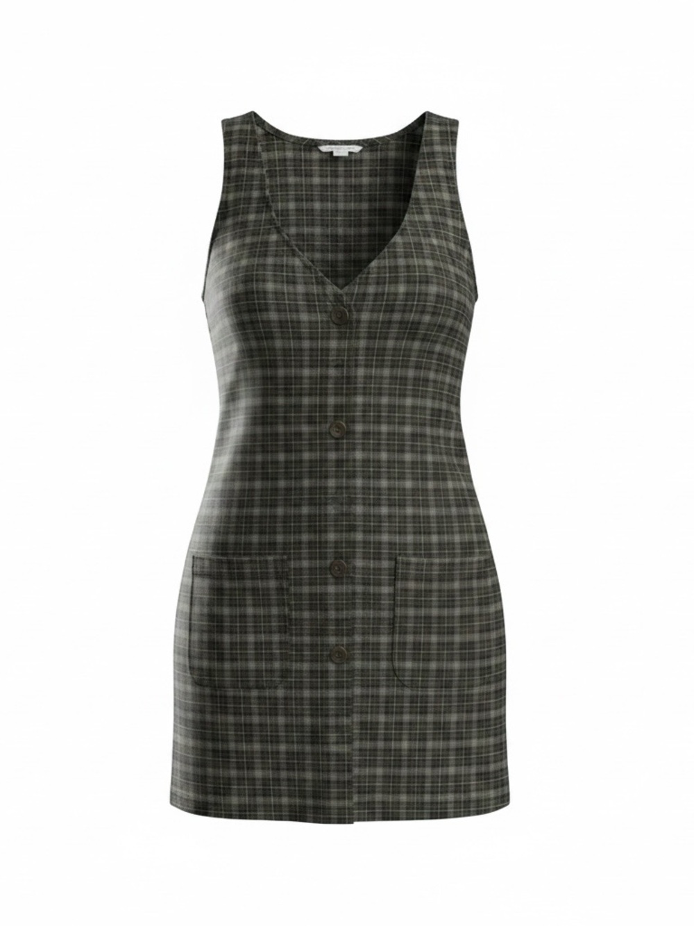 American Eagle Outfitters Olive and Charcoal Plaid Button-Front Dress